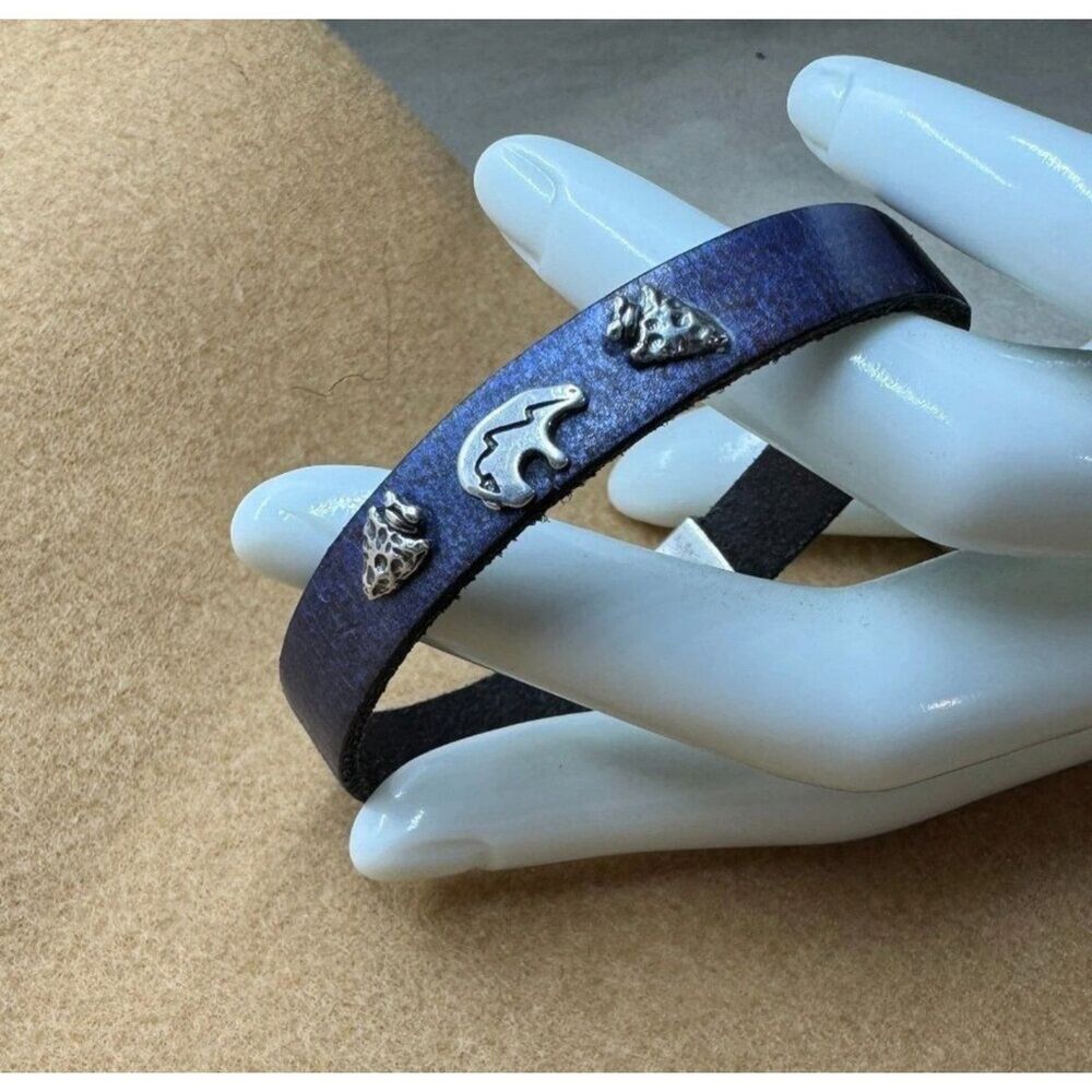 Blue Matelic Leather Zuni Bear Bracelet With Magnetic Fastener